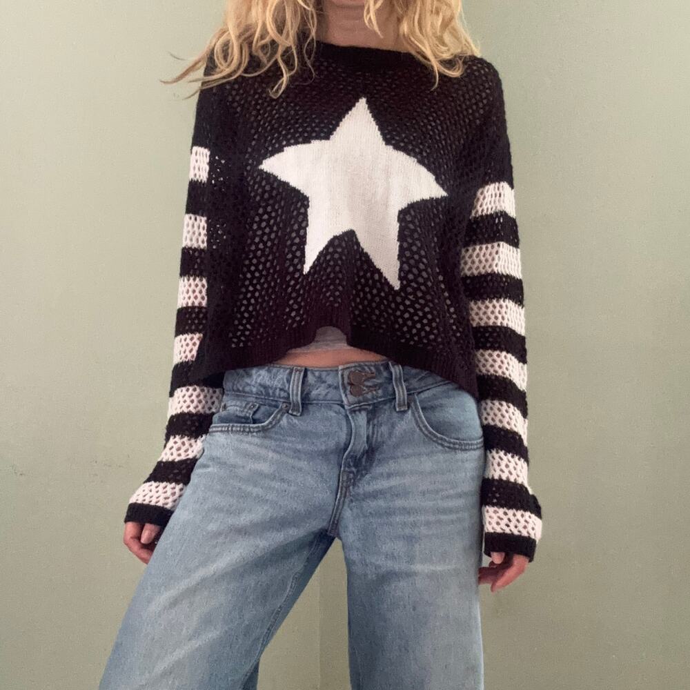 Social Collision Black & White Star & Stripe Open Knit Crop Sweater Goth Grunge